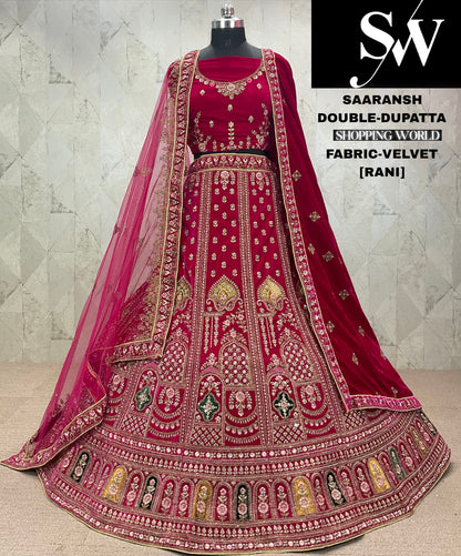 Engaging dark maroon Velvet bridal Lehenga