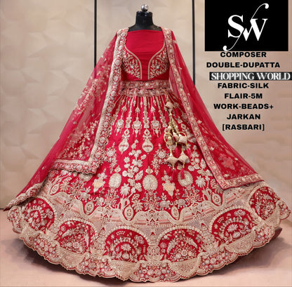 Rani pink silk double dupatta bridal Lehenga