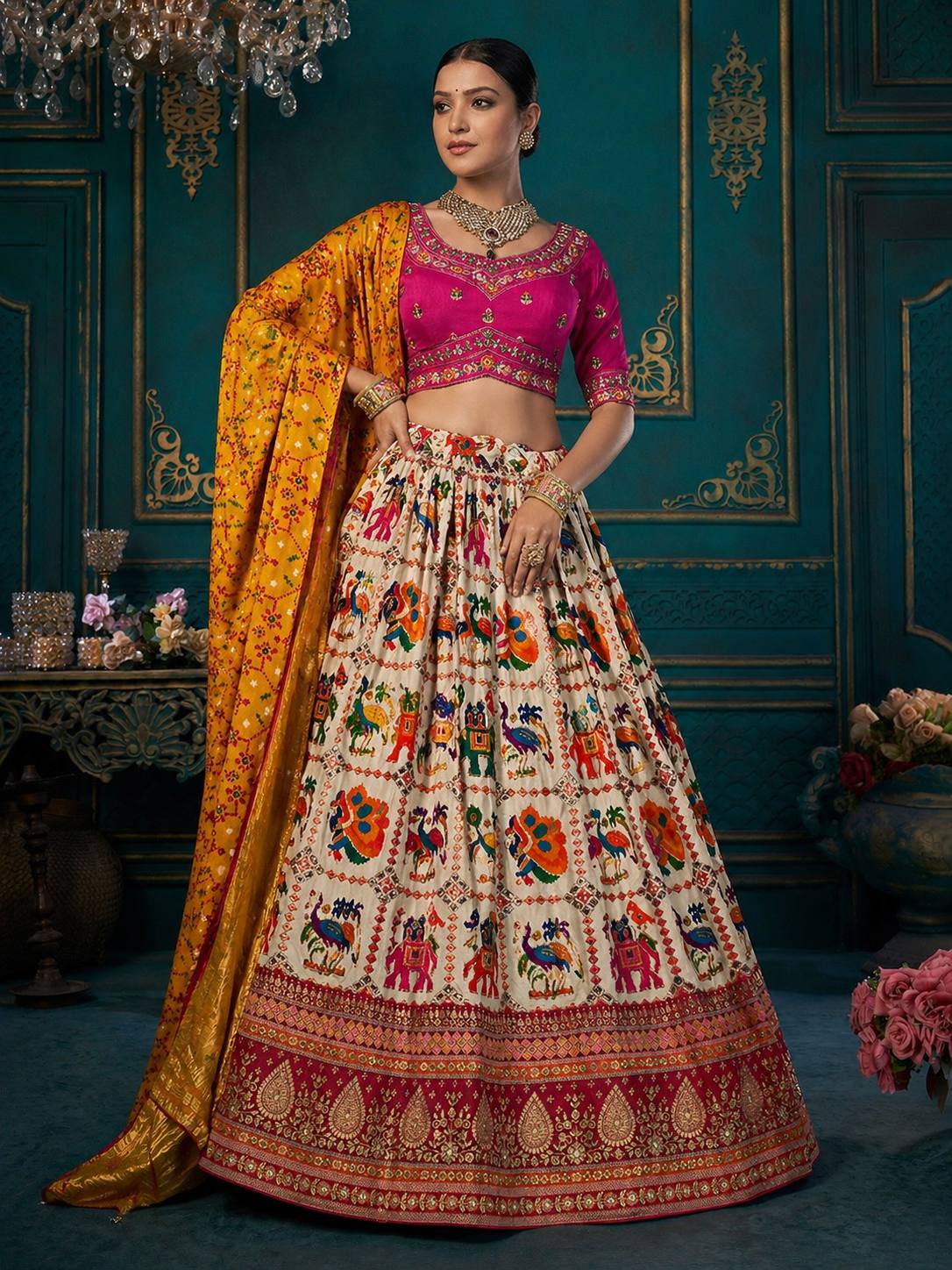 White Pink Dola Silk Fabric With Khatli Work 1755