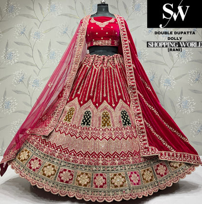Charming dark maroon Velvet bridal Lehenga