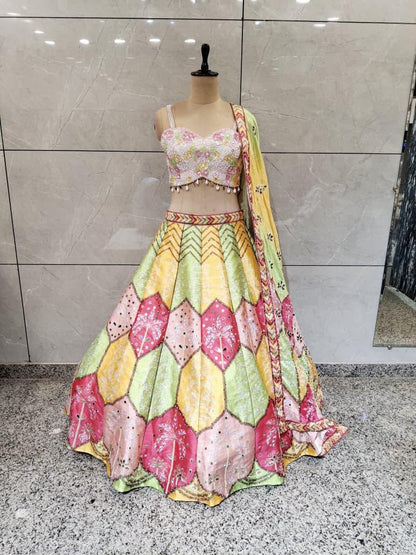 Yellow Green Multicolour Crop Top Lehenga