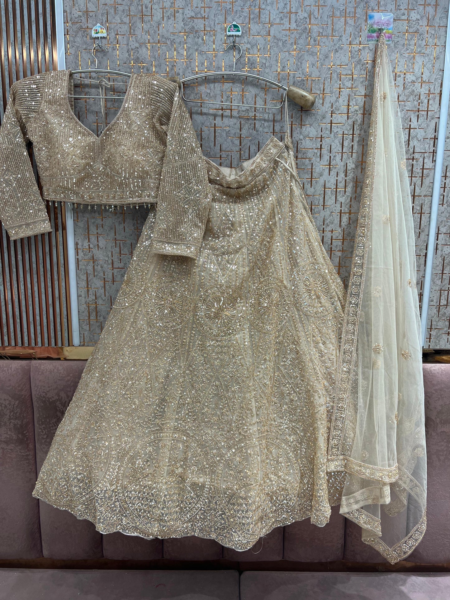 Beige Golden Crop Top Lehenga