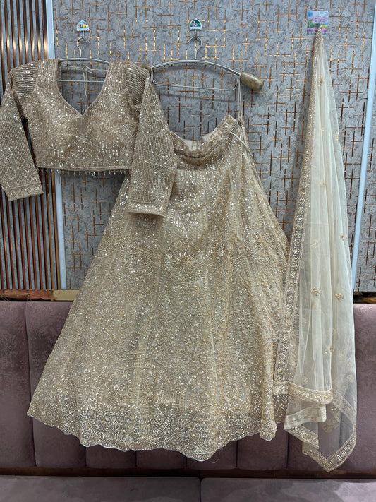 Beige Golden Crop Top Lehenga